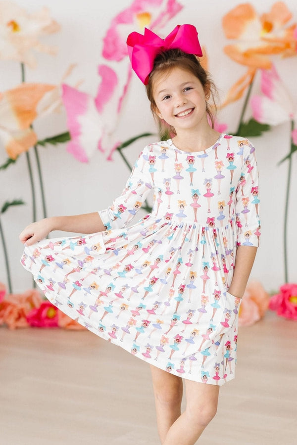 ballerina-bows-3-4-sleeve-pocket-twirl-dress Mila &  Rose - Sophia's Style-Ballerina Bows 3/4 Sleeve Pocket Twirl Dress-6-12M--1